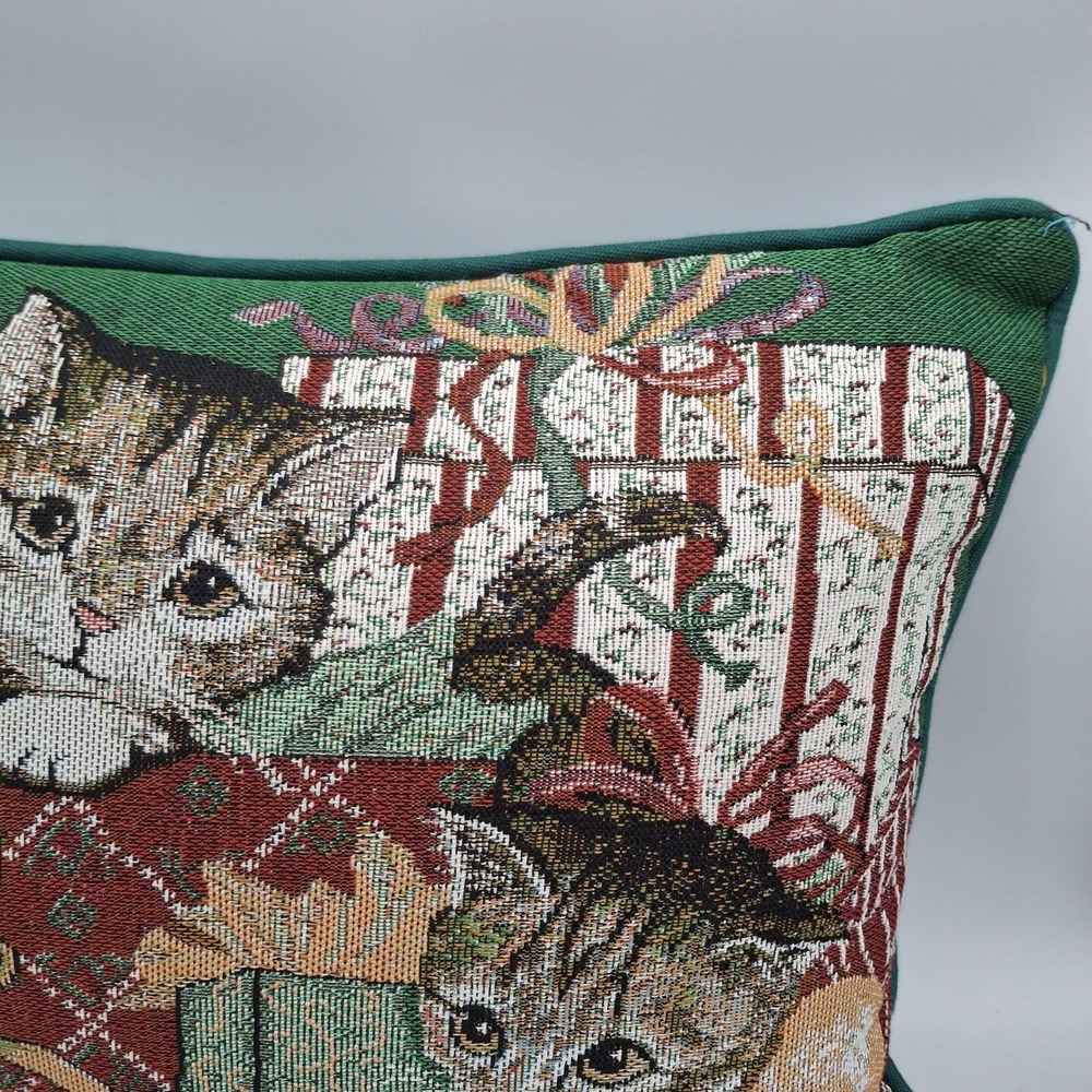 Vintage Tapestry Pillow Christmas Cats Kittens Playing Under Tree 16"X 11" Green - Picture 5 of 8